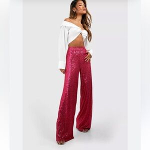 Pink Sequin Wide Leg Trousers